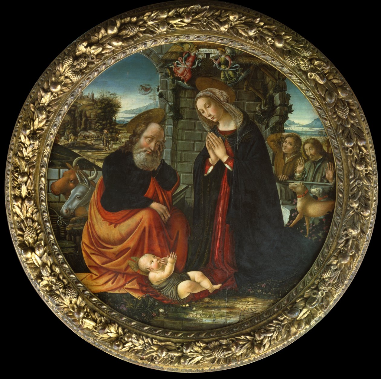 De Geboorte, met Maria en Jozef op weg naar Bethlehem, de Aankondiging aan de Herders en de Aankomst van de Herders door Master of Marradi