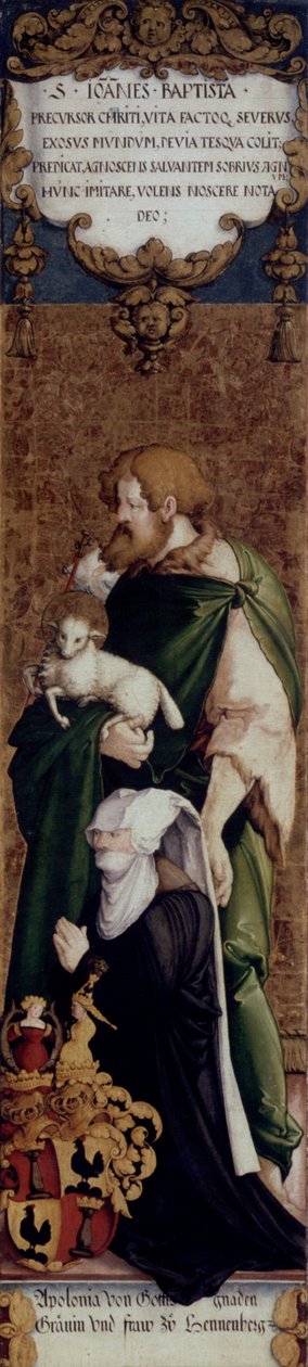 Duits: Der hl. Johannes der Täufer mit der Stifterin Apollonia von Henneberg De heilige Johannes de Doper met de schenkster Apollonia van Henneberg door Master of Messkirch