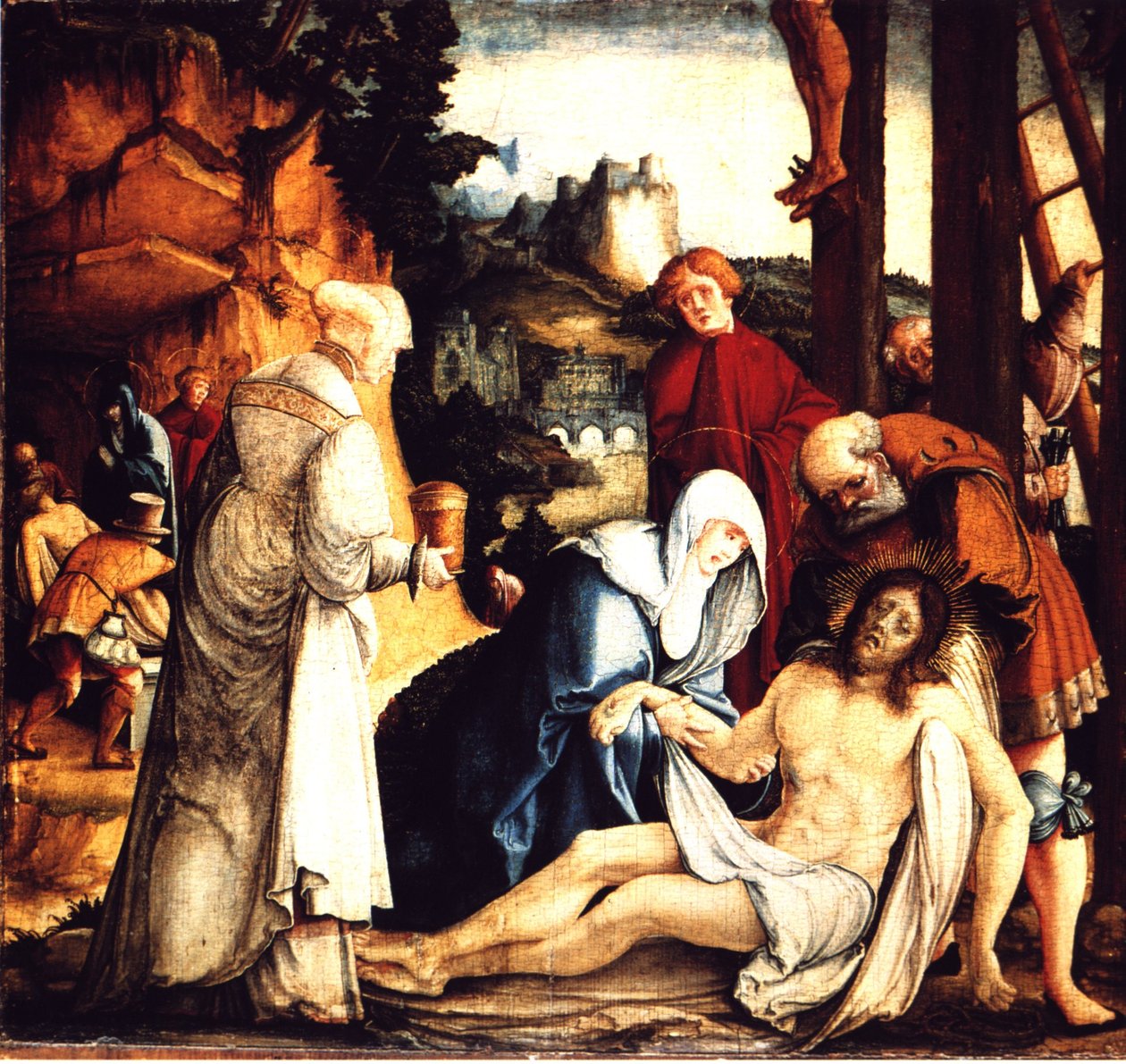Duits: De bewening en graflegging van Christus De bewening van Christus en zijn graflegging door Master of Messkirch