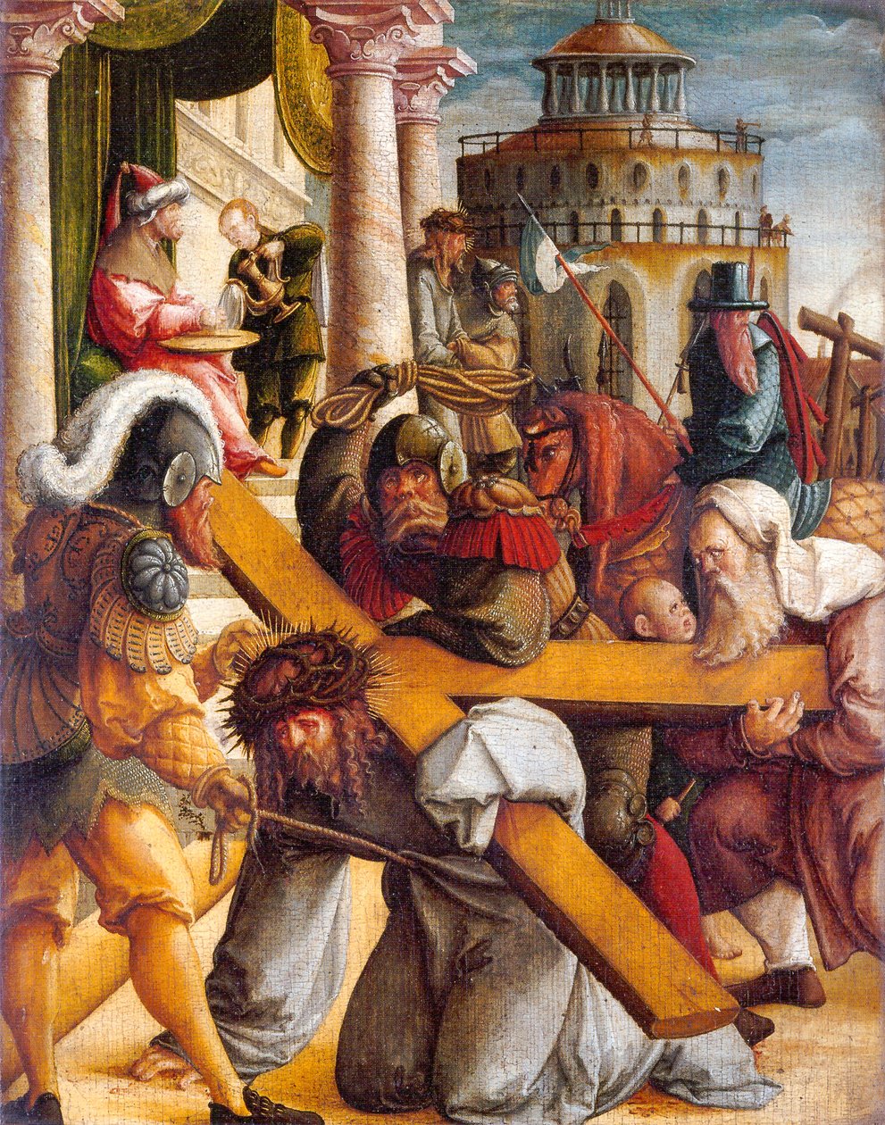 Duits: Kreuztragung Christi und Handwaschung des Pilatus Christus die het kruis draagt en Pilatus die zijn handen wast door Master of Messkirch