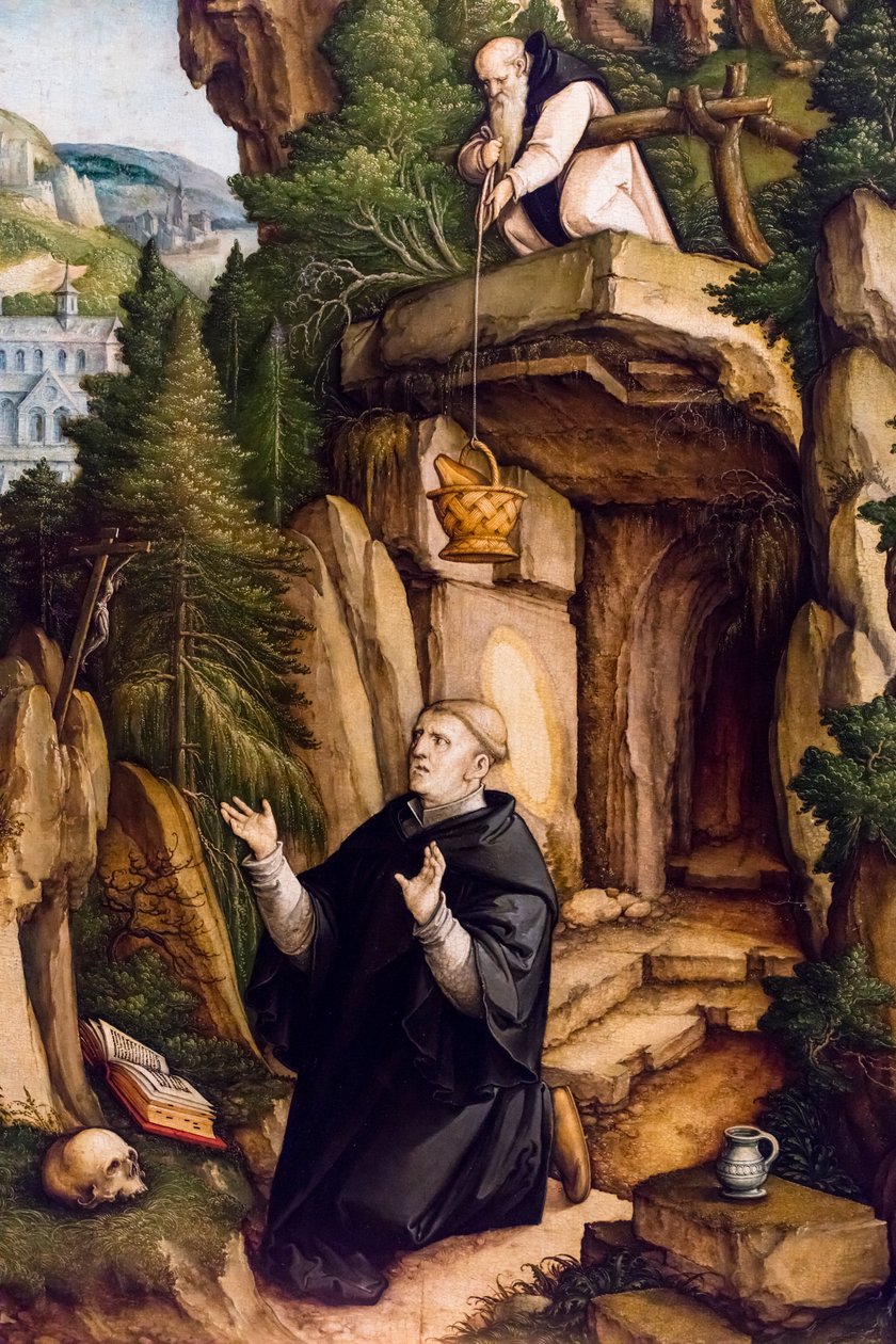 Sint Benedictus als biddende kluizenaar, ca. 1540 (Tempera en olieverf op hout (lindenhout)) door Master of Messkirch