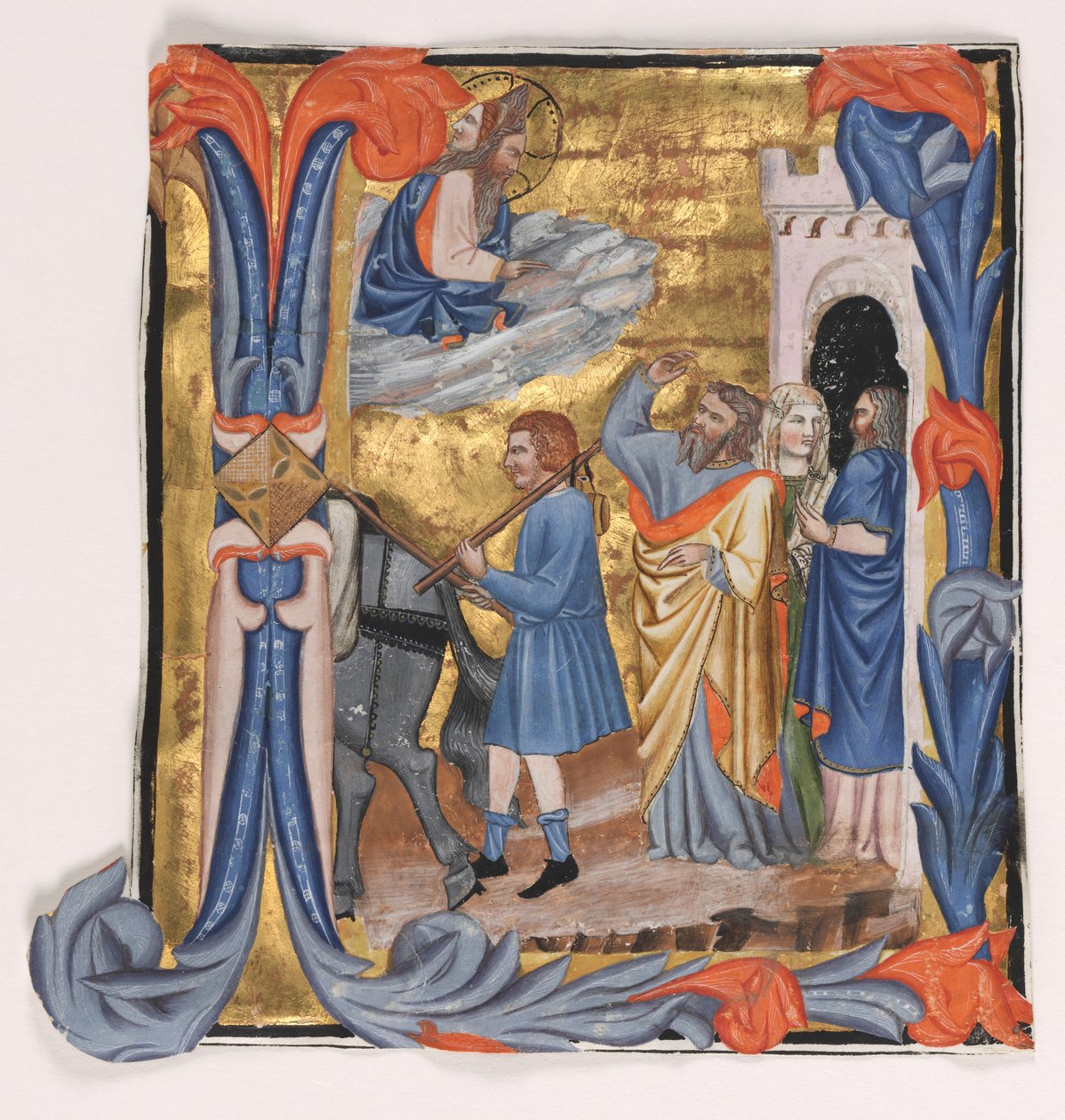Fragment uit een Graduale: Initiaal I met Vertrek van Tobias door "Master of Noah