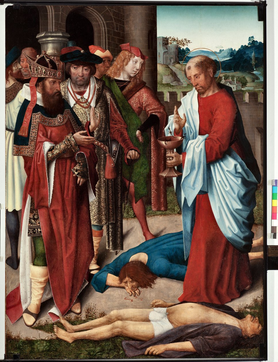 Episode uit het leven van Sint Jan evangelist: Het wonder van de beker met gif (Leven van Sint Jan evangelist, Sint Jan drinkt een beker met gif) Schilderij door de meester van San Giovanni evangelista (einde 15e eeuw) Dim 120x90 cm Genua door Master of Saint John Evangelist