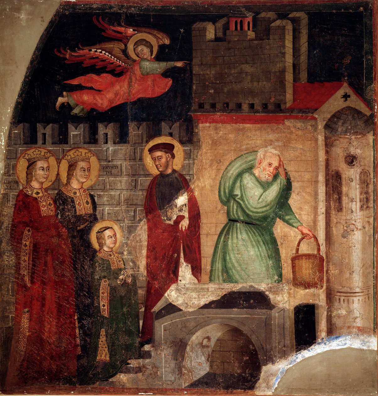 Sint Faustina en Liberate vinden onderdak in een huis in Como (detail) door Master of St Margaret