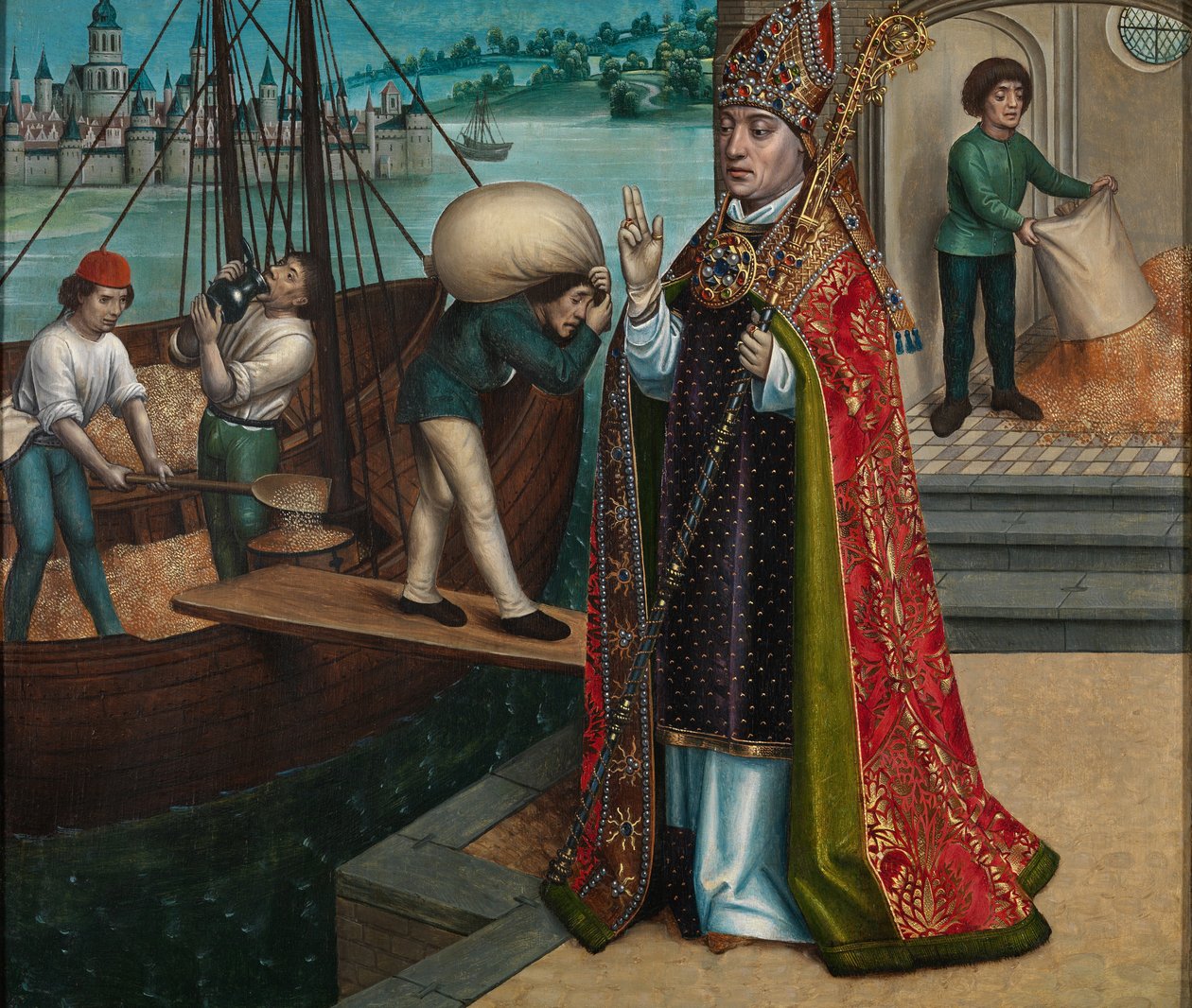 Het wonder van het graan, uit het altaarstuk van St. Nicolaas, ca. 1486-93 door Master of The Legend of St. Lucy