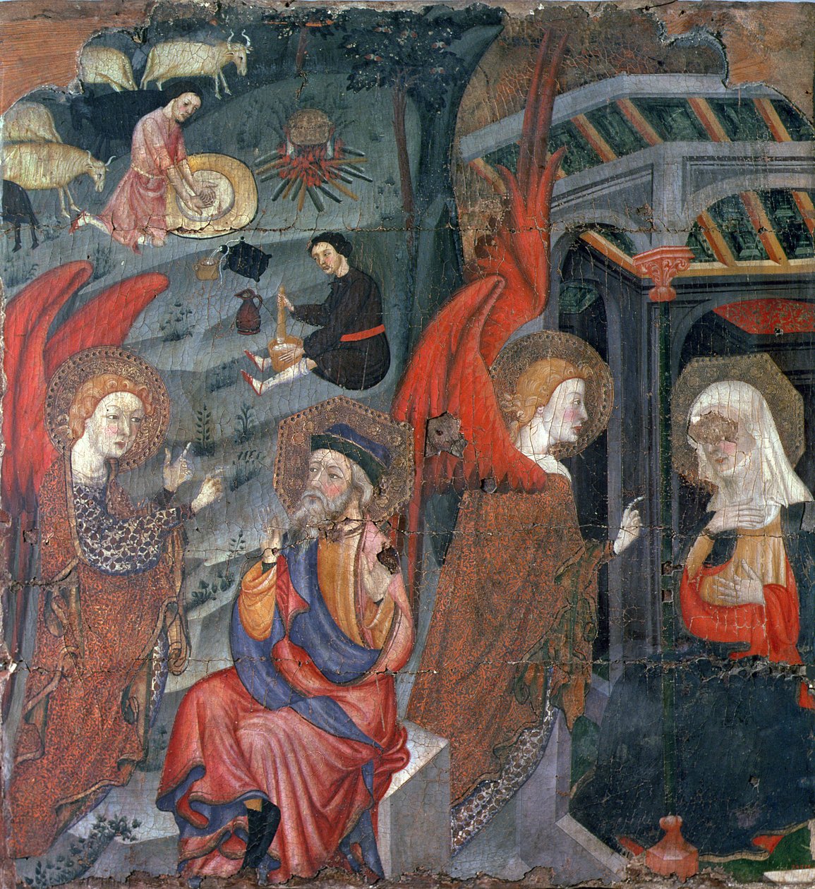 De Annunciatie met herders die kaas maken op de achtergrond, van een altaarstuk gewijd aan de Maagd, uit Tora, Segarra, Lleida door Master of Tora