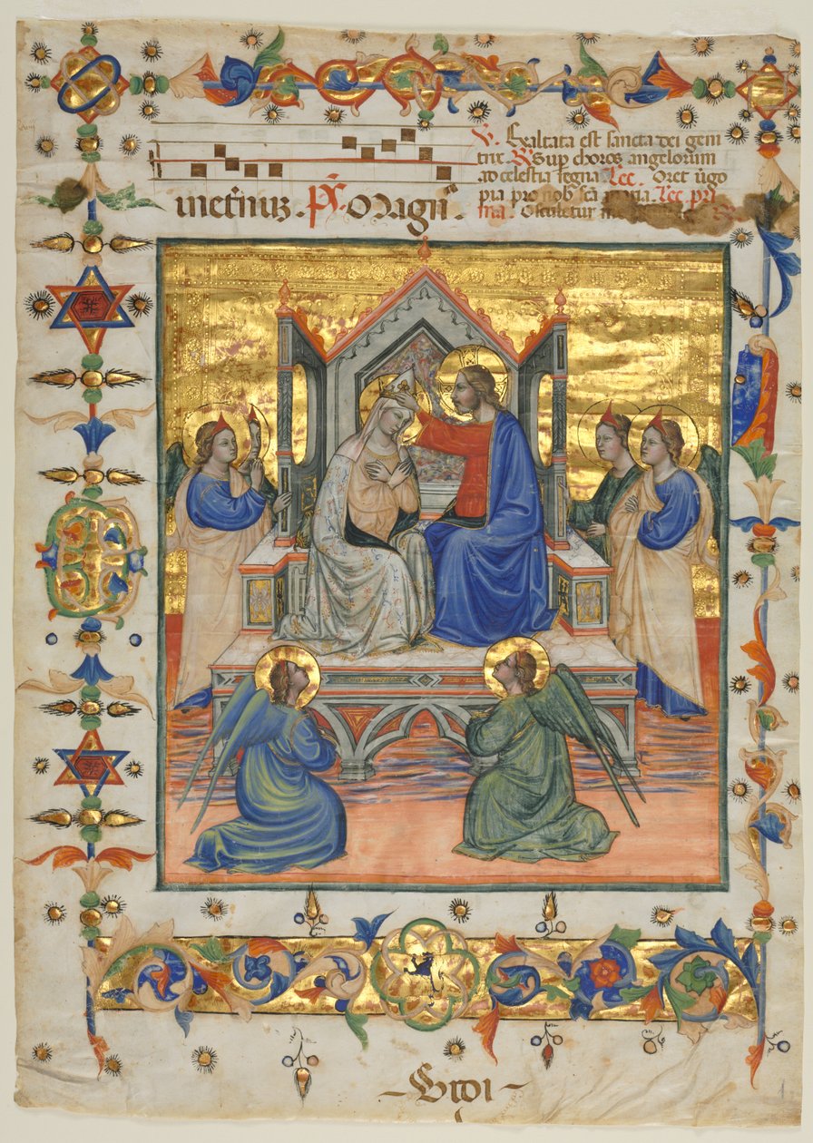 Blad uit een Antifonarium: Kroning van de Maagd, 1400s door Master of the Beffi Triptych