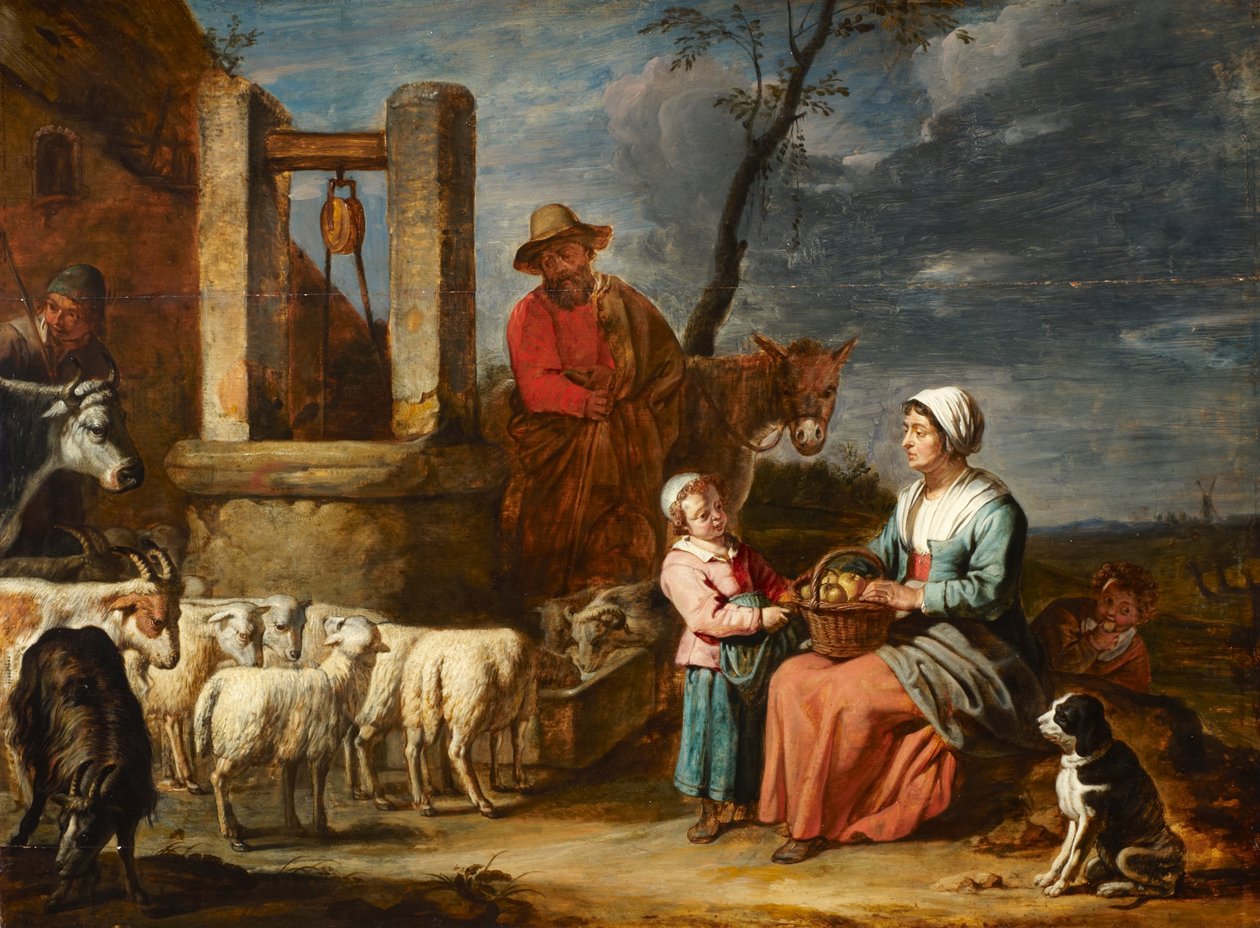 Boerenfamilie bij een waterput door Master of the Béguins