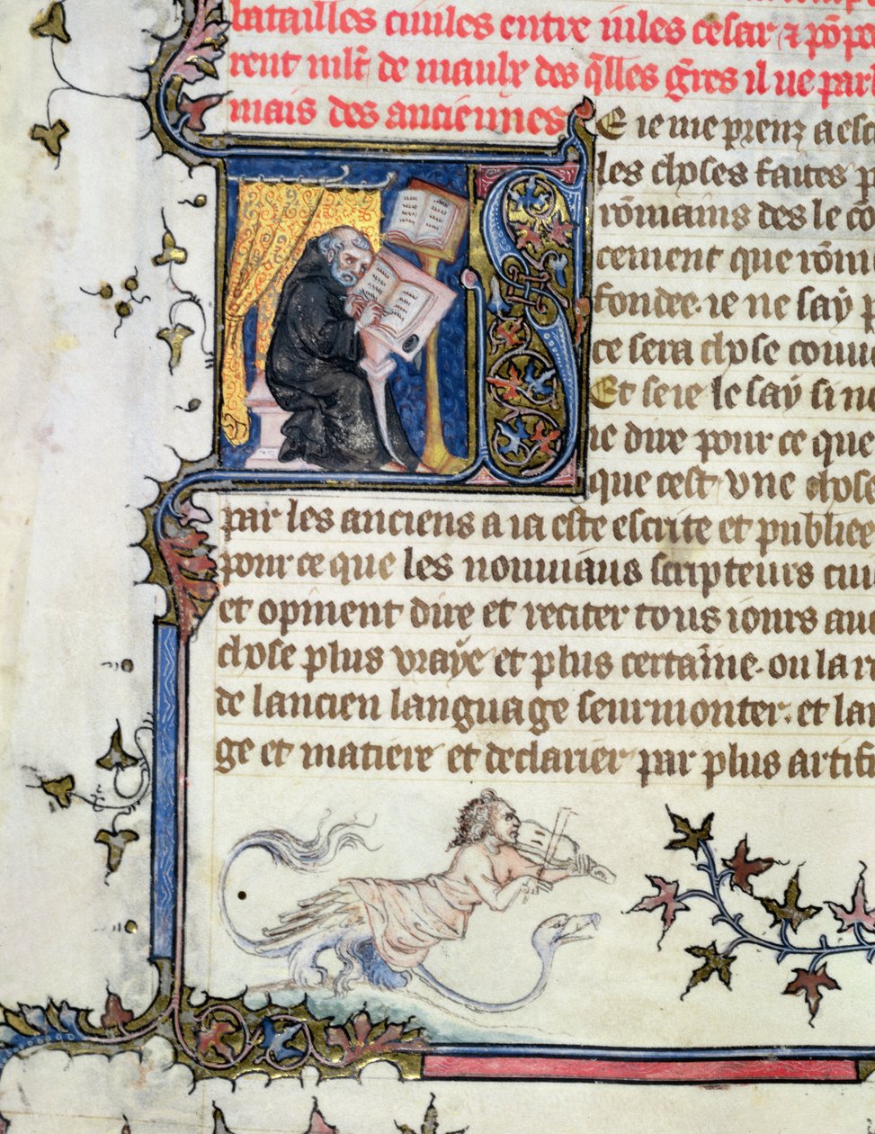 Ms 777 Monnik die een manuscript kopieert, uit De Geschiedenis van Rome door Livy (59 v.Chr.-17 n.Chr.) ca. 1370 door Master of the Boqueteaux