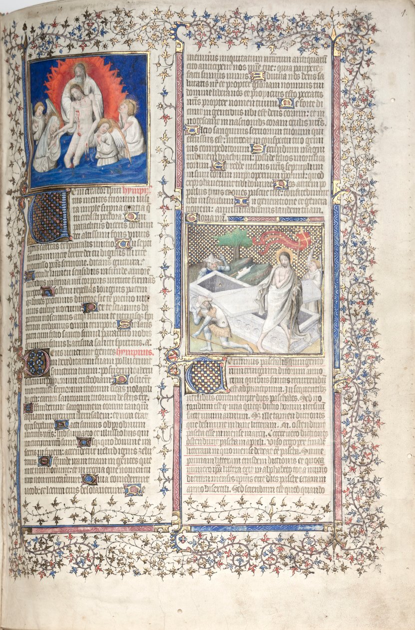 Het Gotha Missaal: Fol. 1r, Drie-eenheid en Opstanding, ca. 1375 door Master of the Boqueteaux