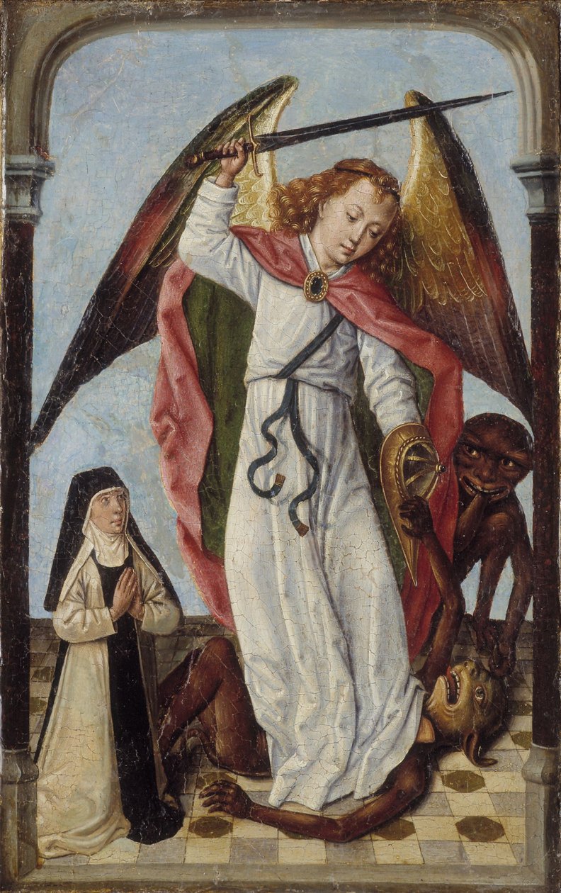 St Michael vecht tegen demonen in aanwezigheid van een non door Master of the Bruges Legend of St. Ursula
