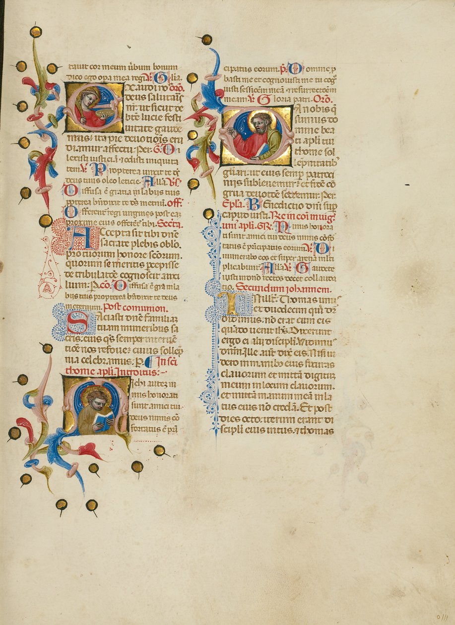 initiaal E: heilige Lucy; initiaal M: heilige Thomas; initiaal D: Sint Thomas Preek door Master of the Brussels Initials