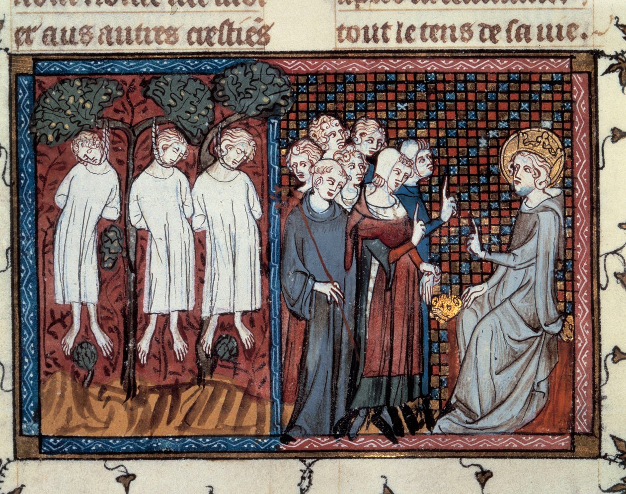 Executies bevolen door Enguerrand IV de Coucy. Lodewijk IX spreekt recht. Miniatuur van Mahiet in 