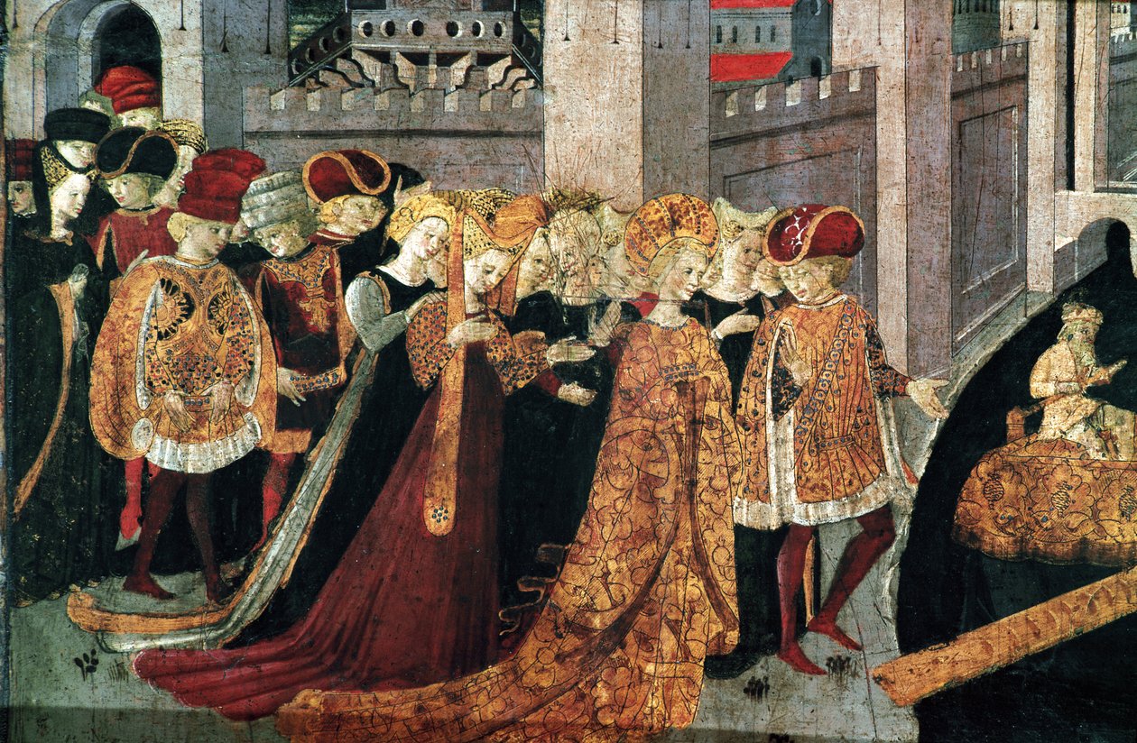 Decameron van Boccaccio (Jean Boccaccio): de kasteelheer Pericone verwelkomt Alatiel, dochter van de sultan van Babylon Beminedab en haar gevolg op het eiland Mallorca door Master of the Cassoni