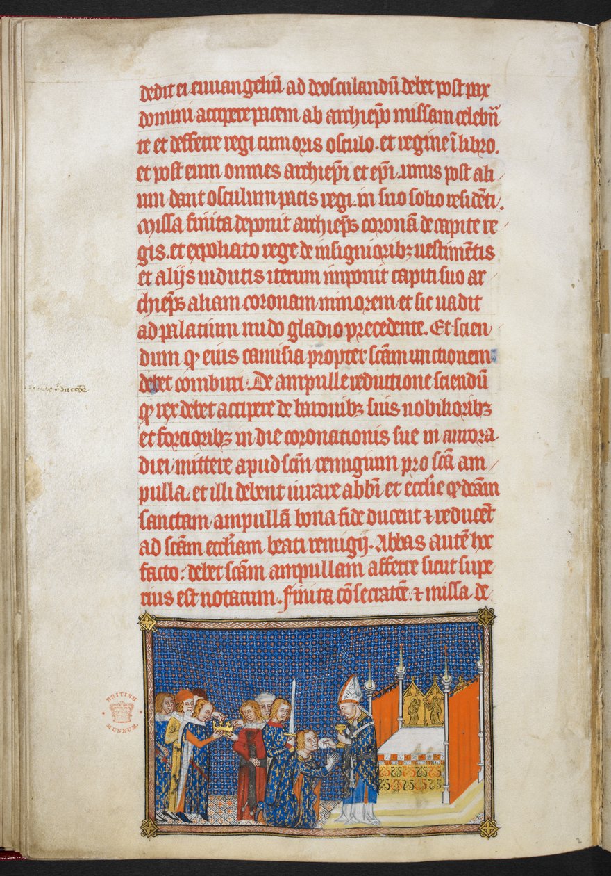 Koning Karel V knielend terwijl de aartsbisschop van Reims de communiewafel in zijn mond plaatst, illustratie uit 