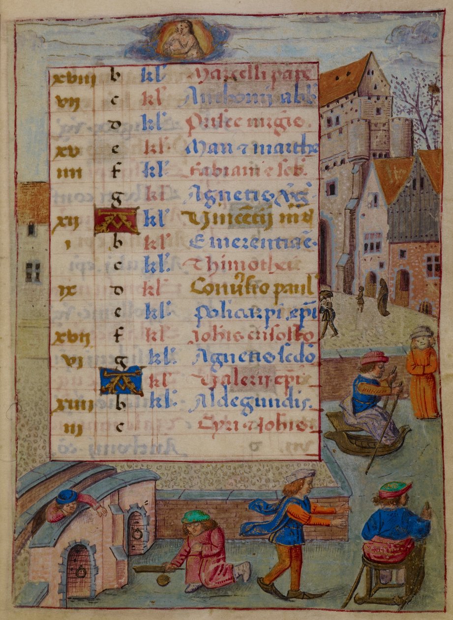 Add. 18852, f.2 Kalenderpagina voor januari, illustratie uit 