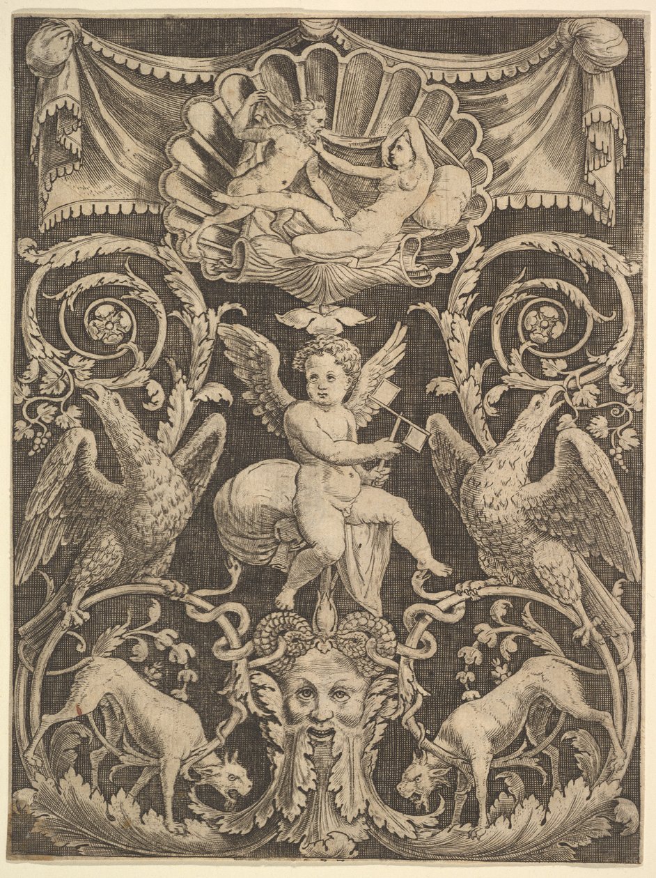 Een paneel met ornamenten met een putto in het midden die een windmolen vasthoudt, 1532 door Master of the Die
