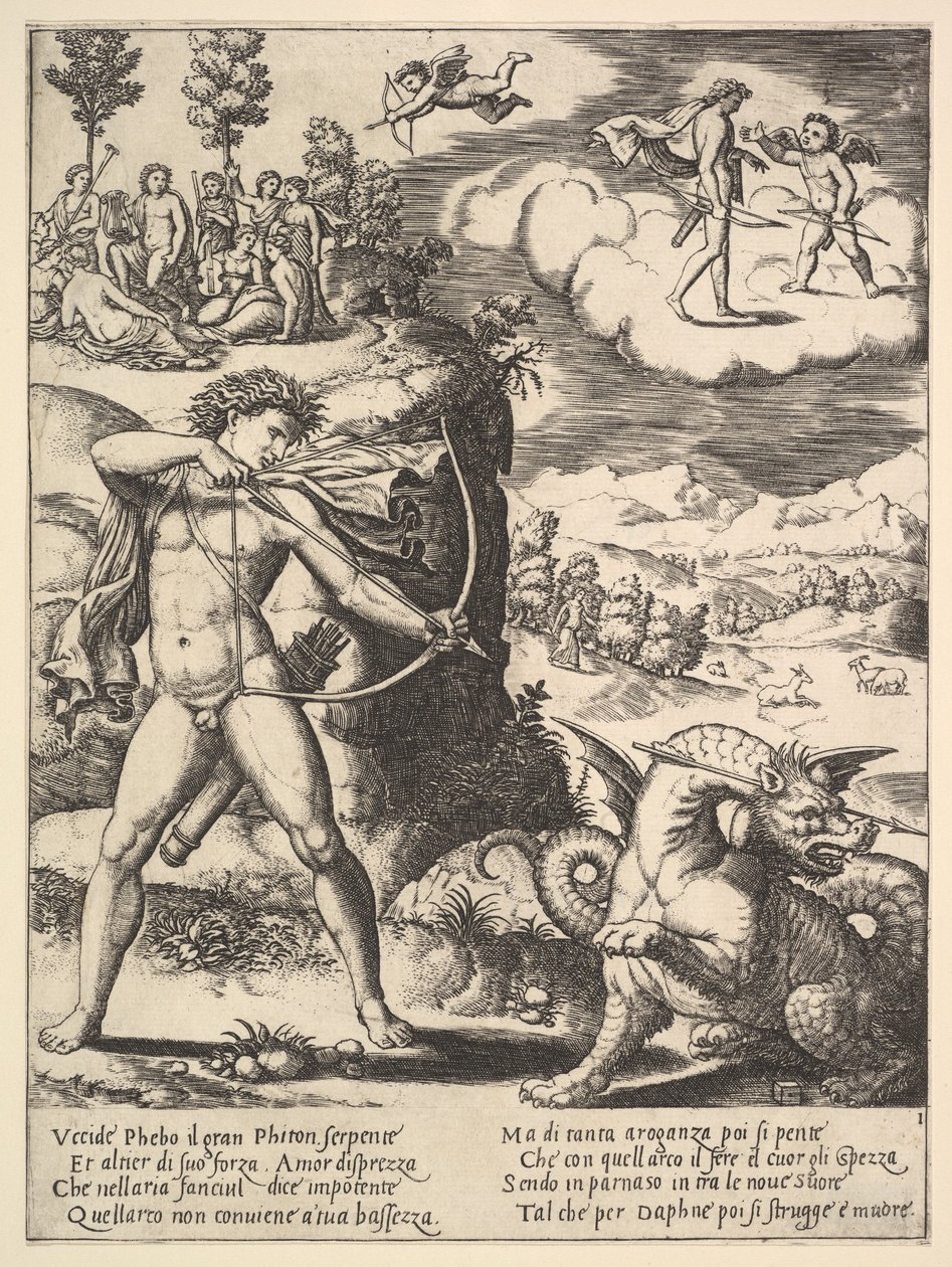Apollo staand links schiet een python met een pijl, boven links zijn de muze..., 1530-60 door Master of the Die