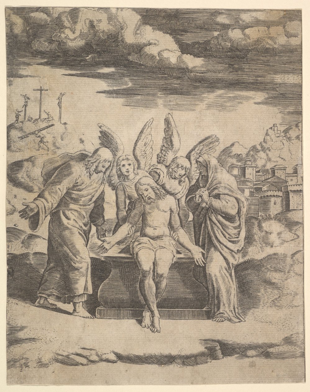 Christus zittend op het graf ondersteund door engelen, 1530-60 door Master of the Die