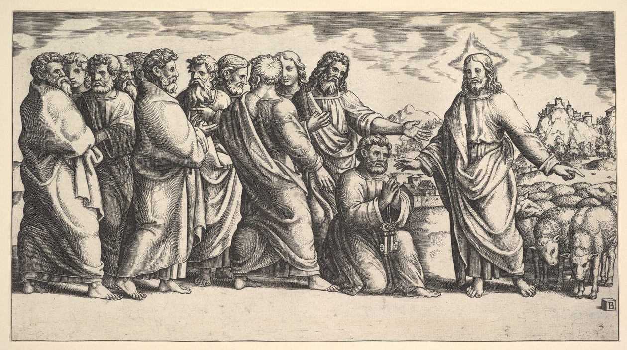 Christus wijst naar een kudde schapen, voor hem knielt St. Peter, 1530-60 door Master of the Die