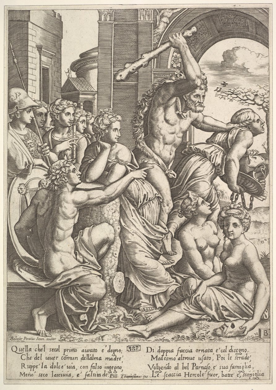 Afgunst of Hebzucht aan de rechterkant wordt uit de tempel van de Muzen verdreven door Hercules die ..., 1530-60 door Master of the Die