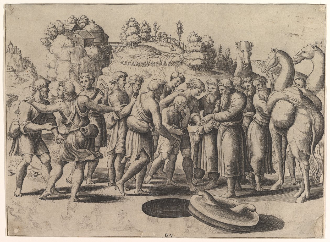 Jozef in het midden wordt verkocht door zijn broers die boven een put staan, kamelen rechts, 1533 door Master of the Die