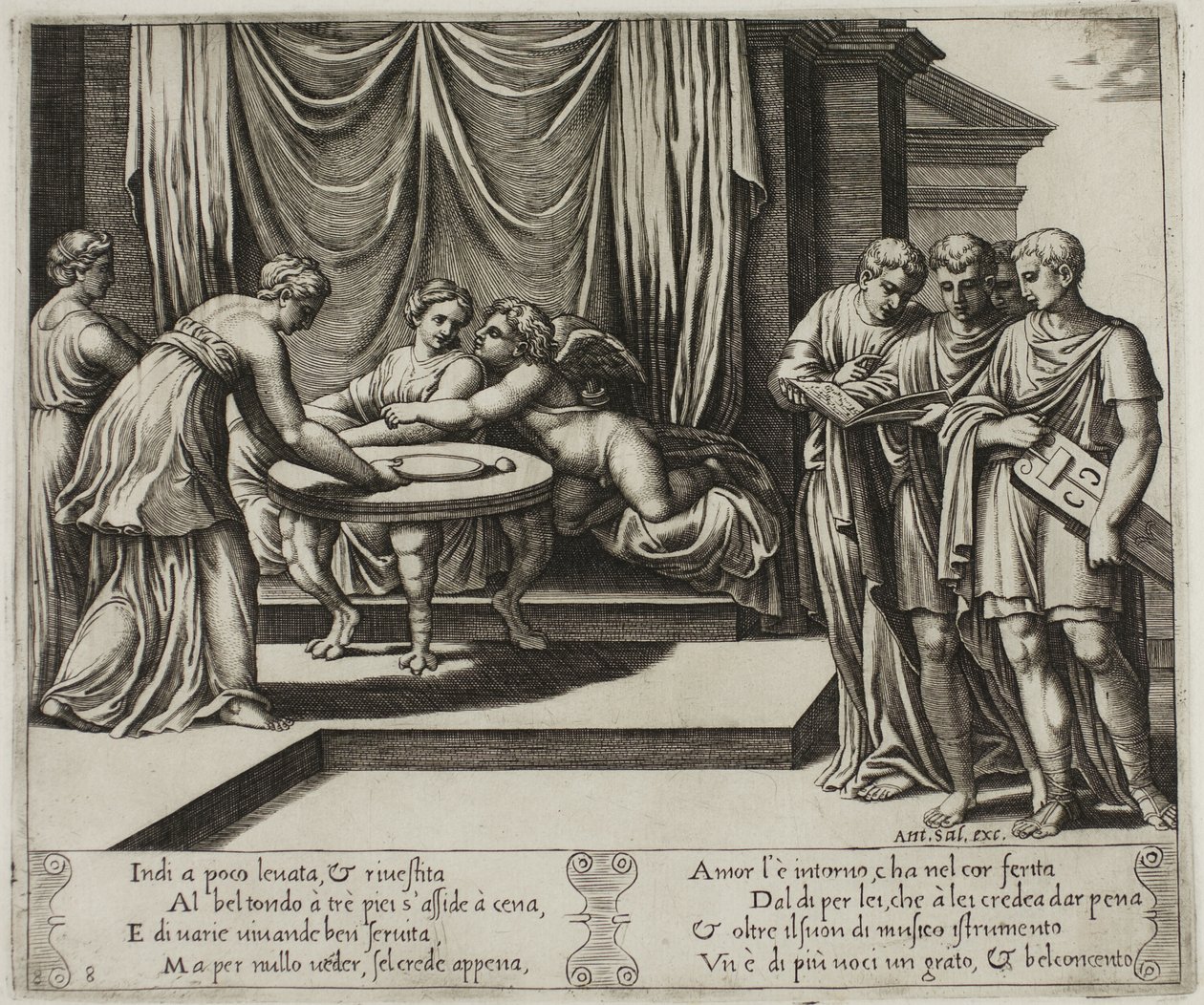 Andere nimfen die Psyche aan tafel bedienen door Master of the Die