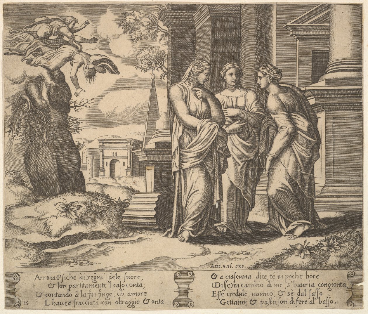 Psyche vertelt haar zusters over haar tegenslagen, uit De Fabel van Psyche, 1530-60 door Master of the Die