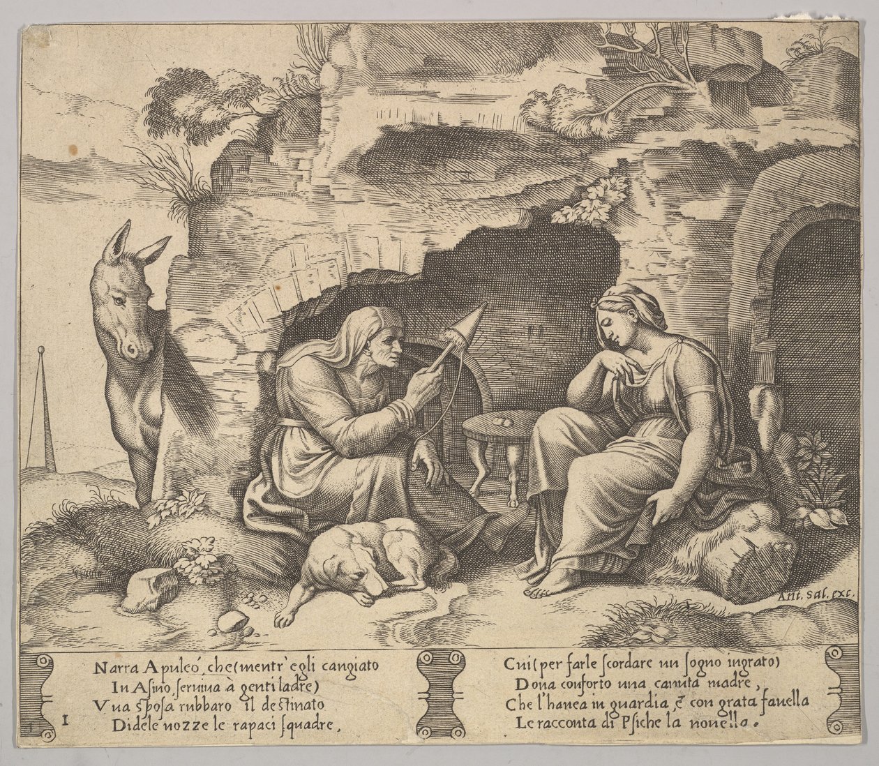 Blad 1: Apuleius veranderd in een ezel die luistert naar het verhaal verteld door de oude vrouw, 1520-70 door Master of the Die