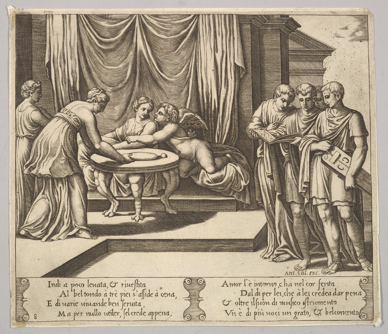Psyche zittend aan een tafel en bediend door onzichtbare dienaren, Eros naast haar door Master of the Die
