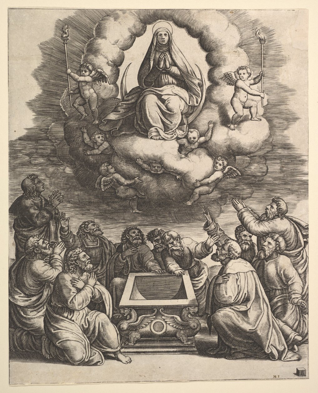 De Tenhemelopneming van de Maagd, onder de apostelen omringen het graf door Master of the Die