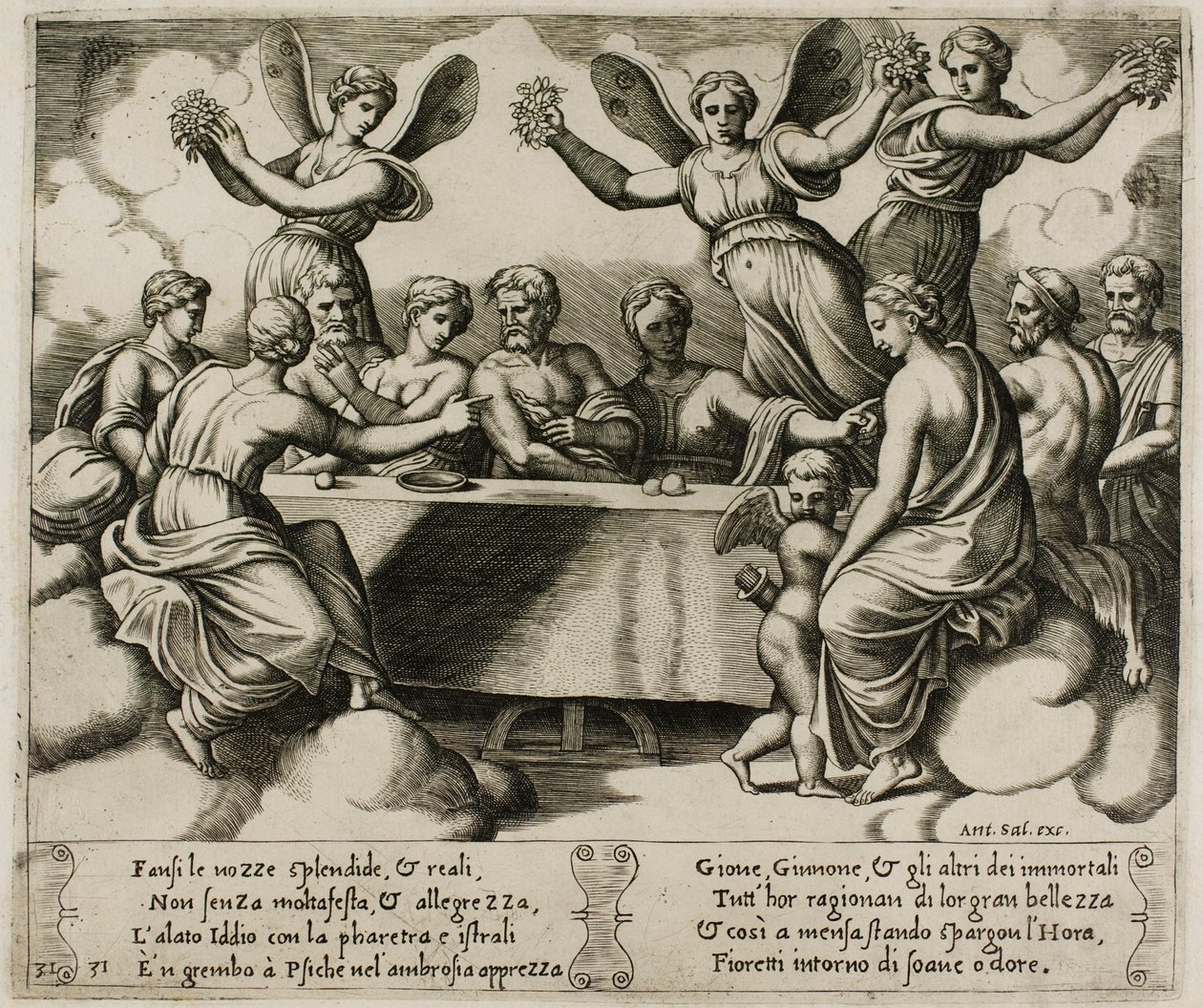 De goden vieren het huwelijk van Psyche en Cupido door Master of the Die