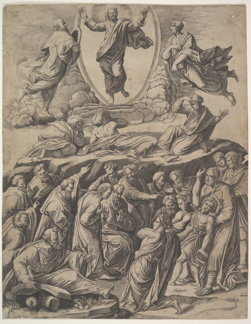De Transfiguratie van Christus die boven in het midden verschijnt, onder hem verschillende figuren, 1530-60 door Master of the Die