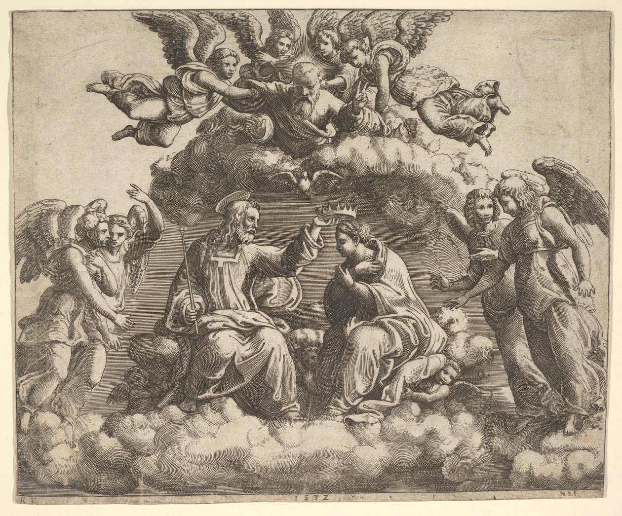 De kroning van de Maagd, Christus houdt de kroon boven haar hoofd, God de Vader zegent..., 1532 door Master of the Die