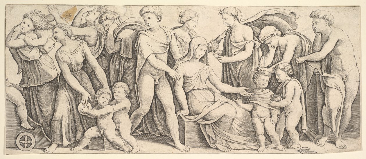 Het huwelijk van Jason en Creusa, links neemt Medea haar kinderen mee, 1530-60 door Master of the Die