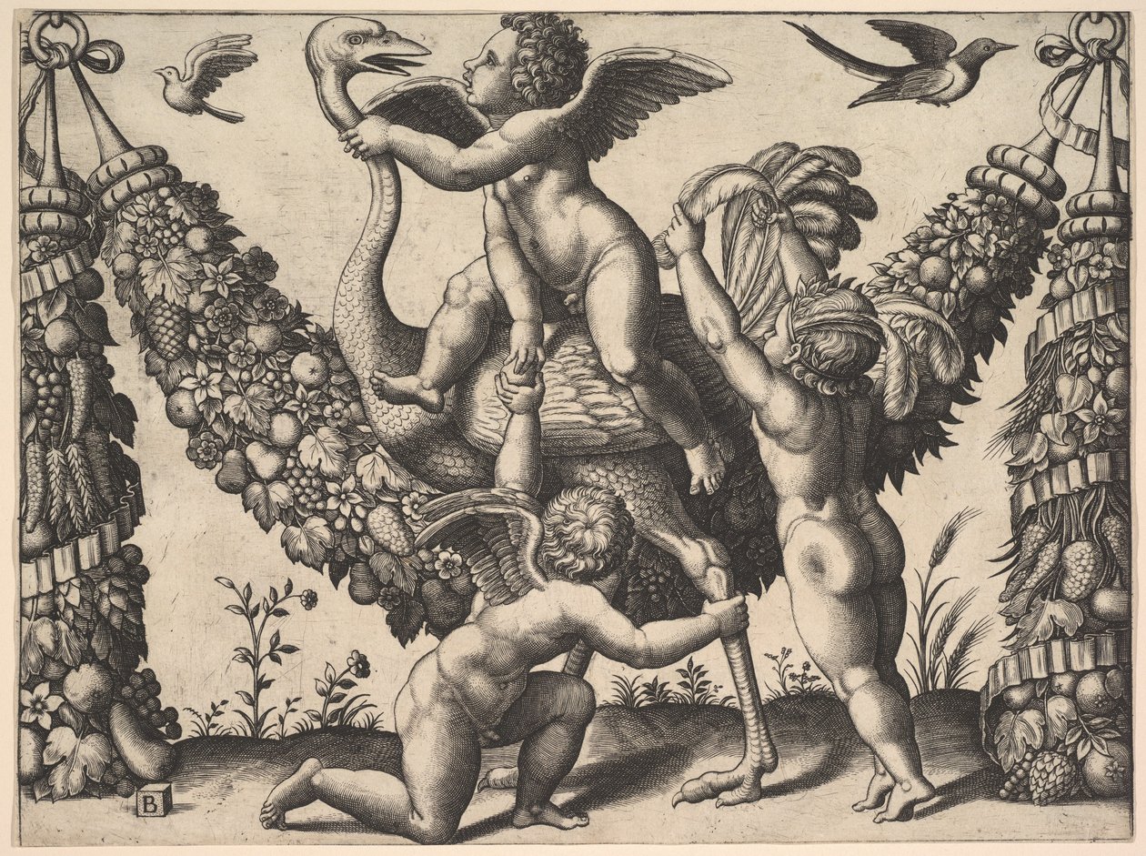 Drie putti voor een grote slinger, de middelste rijdt op een struisvogel, ca. 1530-40 door Master of the Die