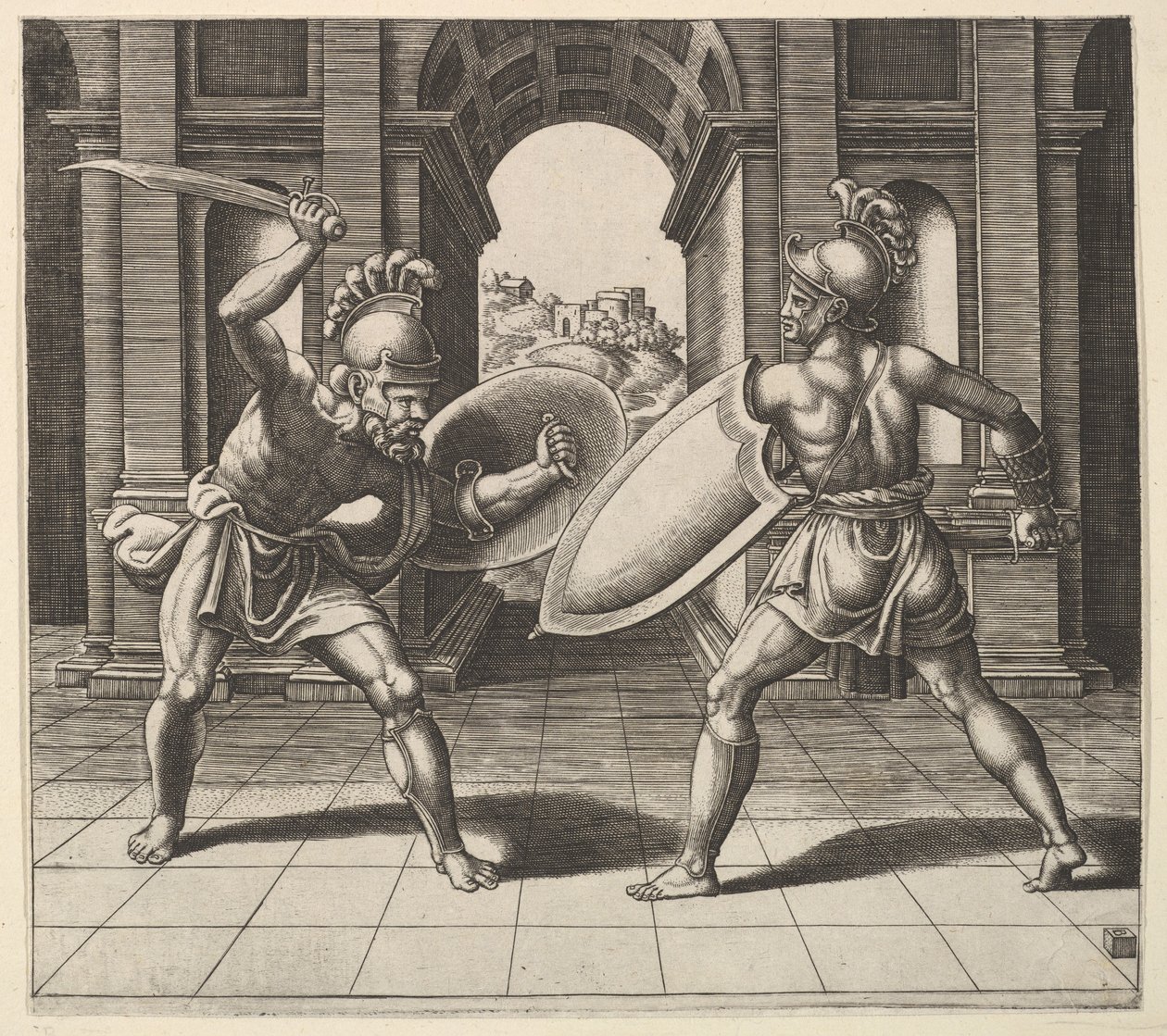 Twee gladiatoren vechten voor een boog, 1530-60 door Master of the Die