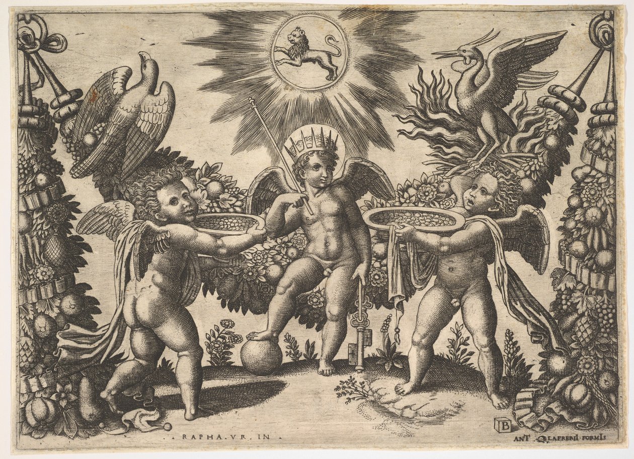 Twee putti presenteren bekers vol goud aan een putto in de gedaante van de god van de rijkdom door Master of the Die