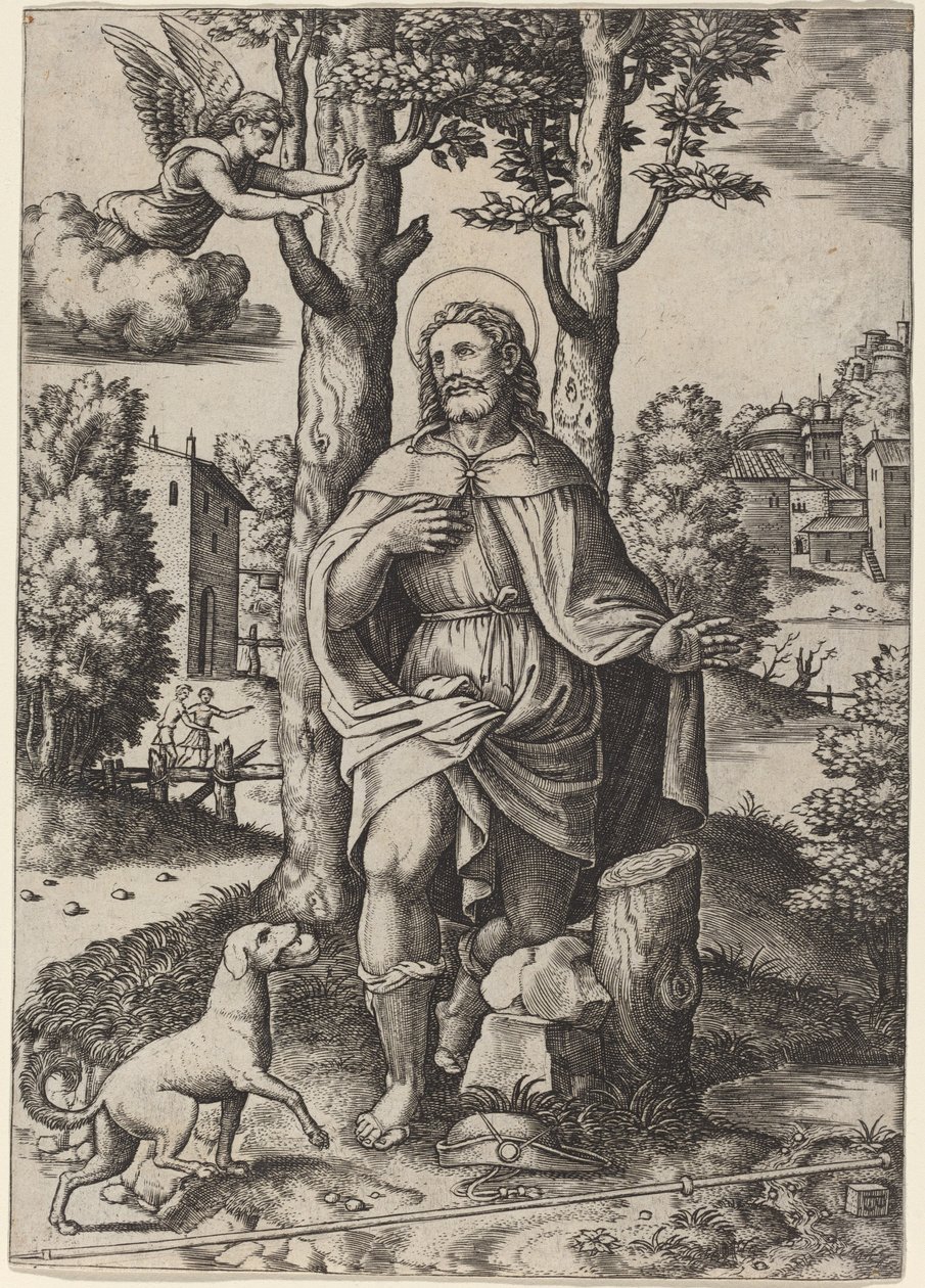Sint Rochus door Master of the Die after Follower of Raphael