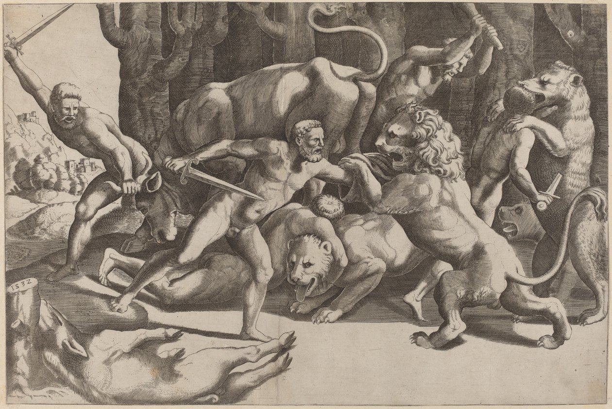 Vijf Mannen die Beesten Vechten door Master of the Die after Giulio Romano