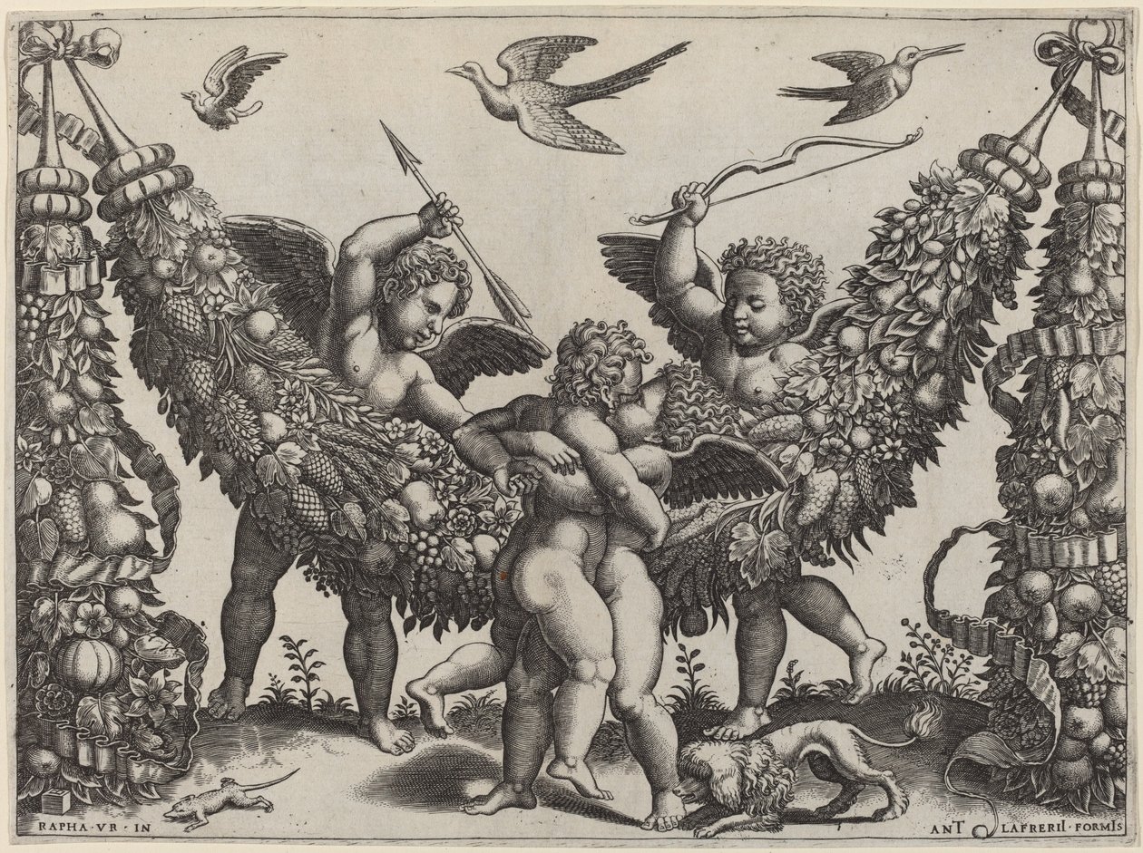 Twee Putti...Die Een Ander Slaan Die Een Kind Knijpt door Master of the Die after Raphael