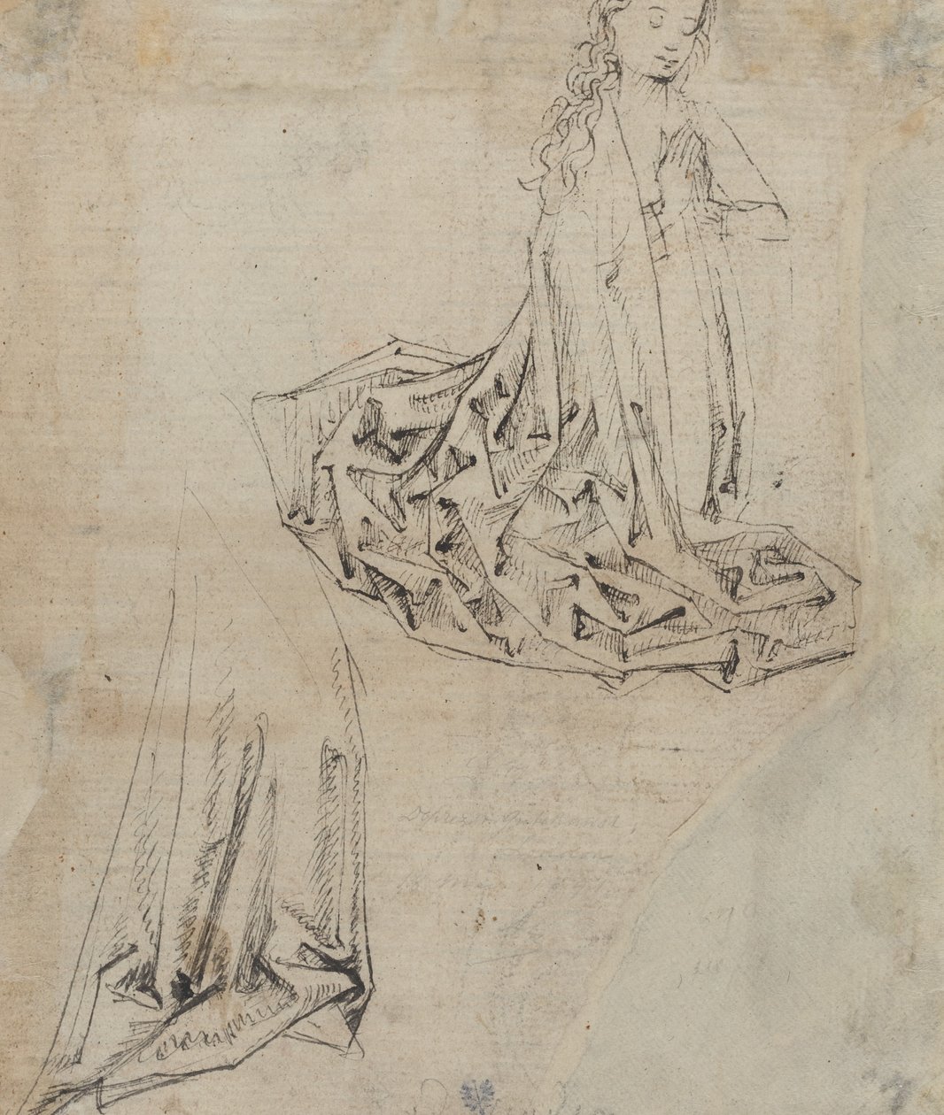 Vrouwelijk figuur knielend in gebed door Master of the Drapery Studies