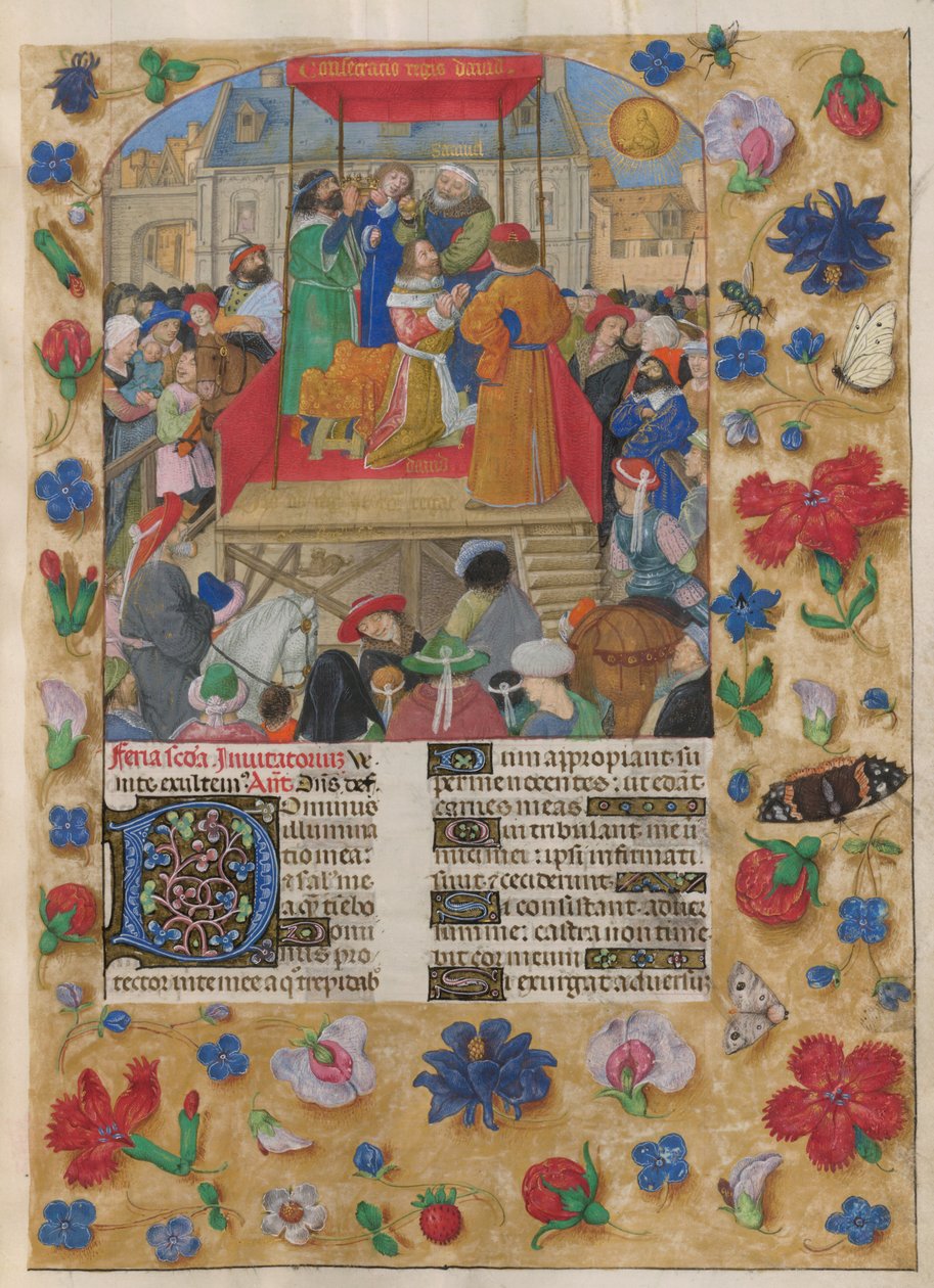 David gekroond tot koning van Israël. De Psalter. Saul zalft David en de kroning van David als koning van Israël. Psalm 26, beginnend met versierde initiaal 