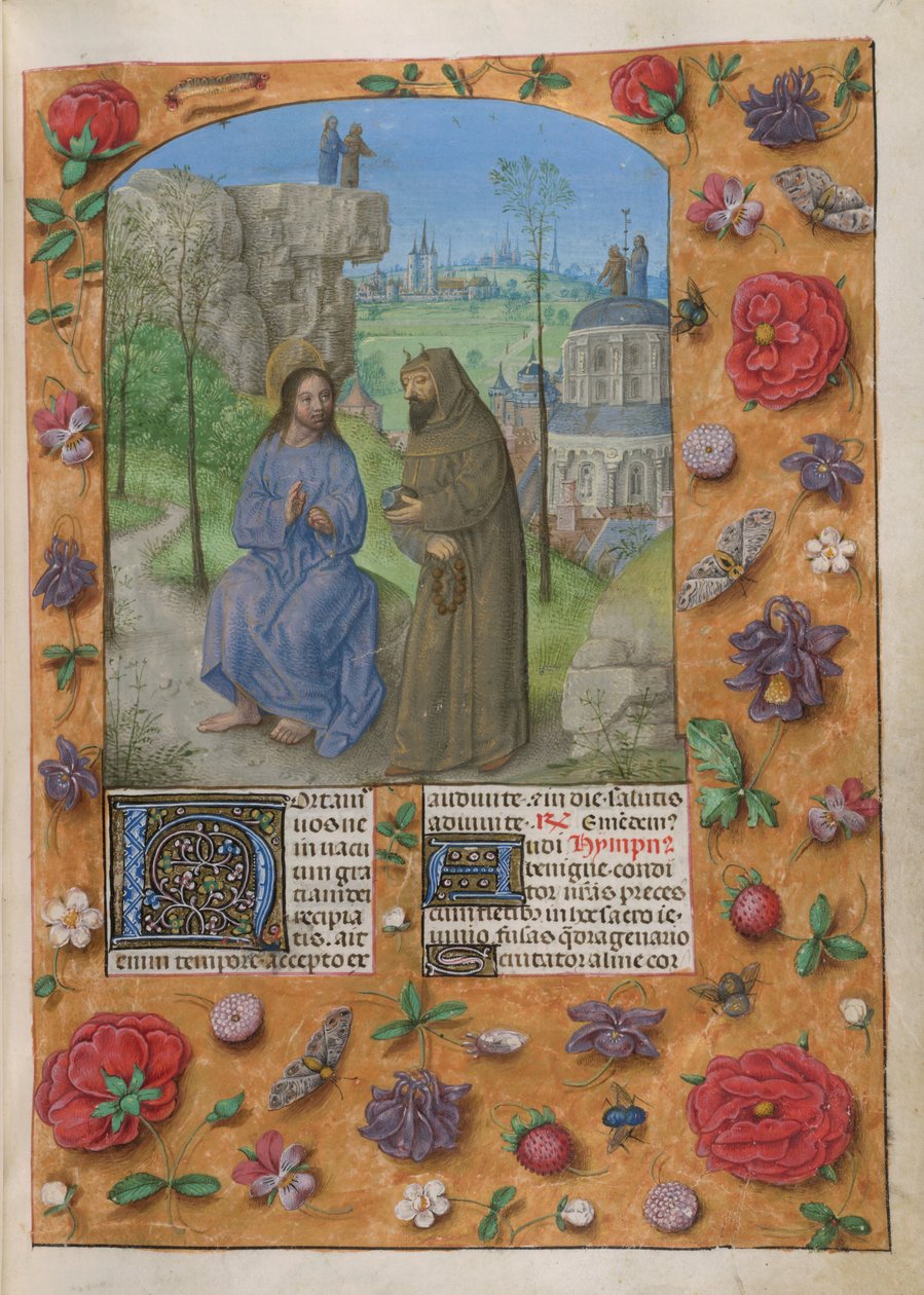 Verzoeking van Christus. De Temporale; Vasten 1. Christus met de duivel, gekleed als monnik, die een steen vasthoudt. Achter, de andere verzoekingen; Christus en de duivel op een rots, en op de koepel van de Tempel. Tekst met versierde initiaal 