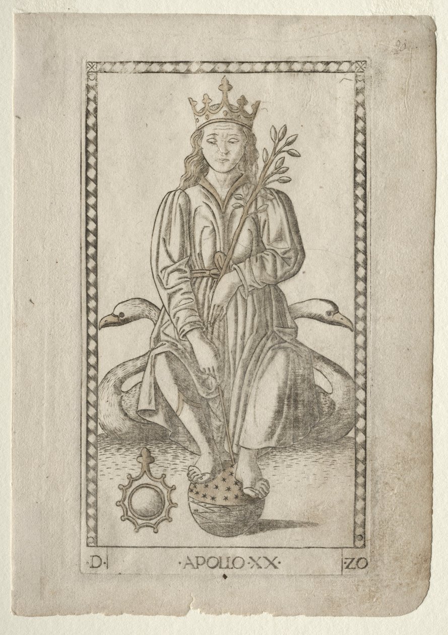 Apollo uit de Tarocchi, serie D: Apollo en de Muzen, #20, voor 1467 door Master of the E Series Tarocchi