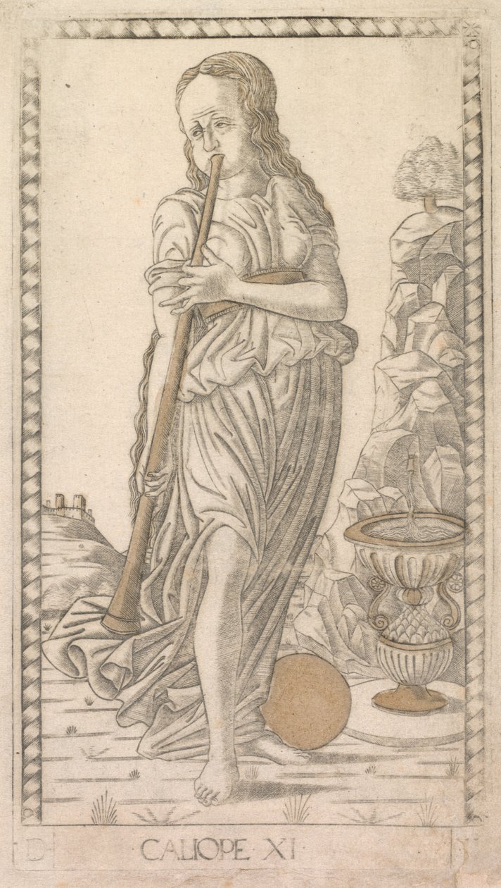 Calliope uit de Tarocchi-serie D: Apollo en de Muzen, #11, voor 1467 door Master of the E-Series Tarocchi