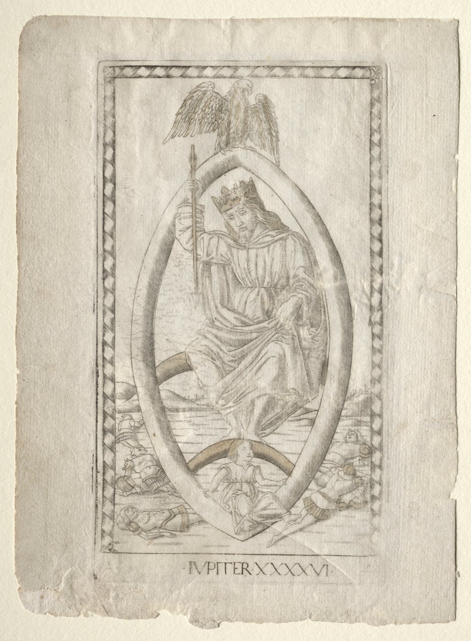 Jupiter uit de Tarocchi, serie A: Firmamenten van het Universum, #46, voor 1467 door Master of the E Series Tarocchi