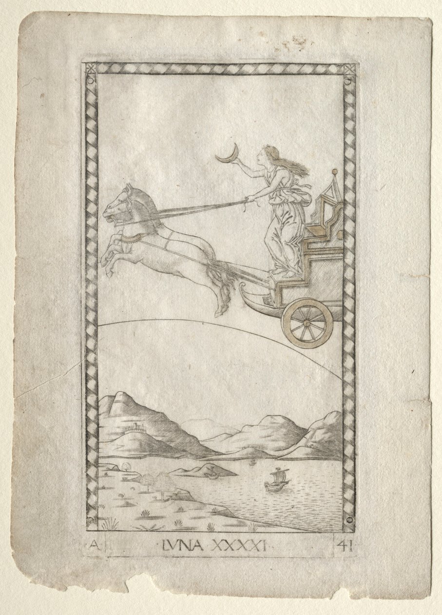 Luna uit de Tarocchi, serie A: Firmamenten van het Universum, #41, voor 1467 door Master of the E Series Tarocchi