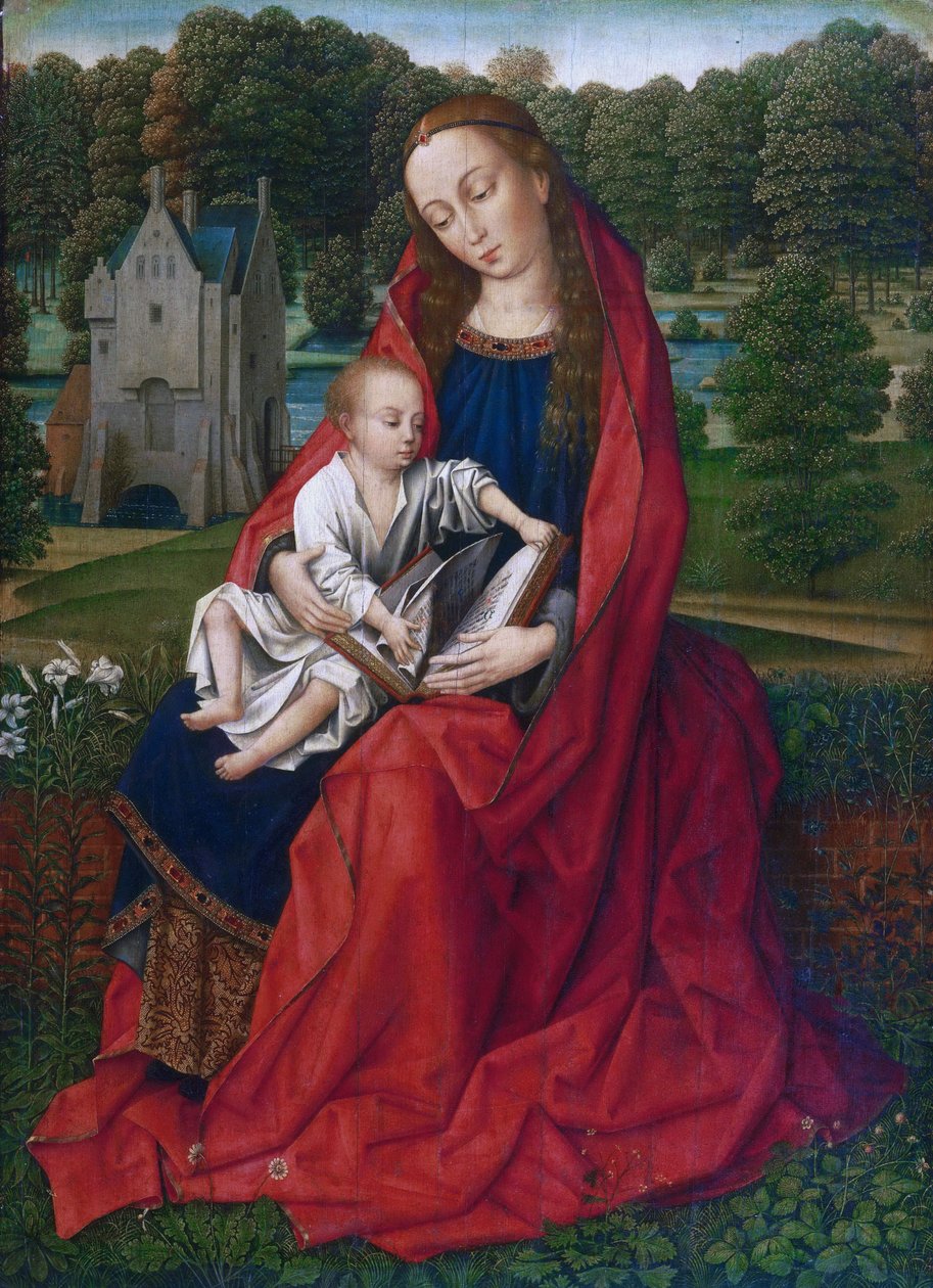 Nederlands: Maria met kind Maagd en kind in een landschap door Master of the Embroidered Foliage