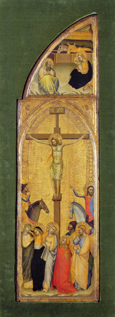 De Kruisiging (olieverf op paneel) door Master of the Fabriano Altarpiece (attr. to)